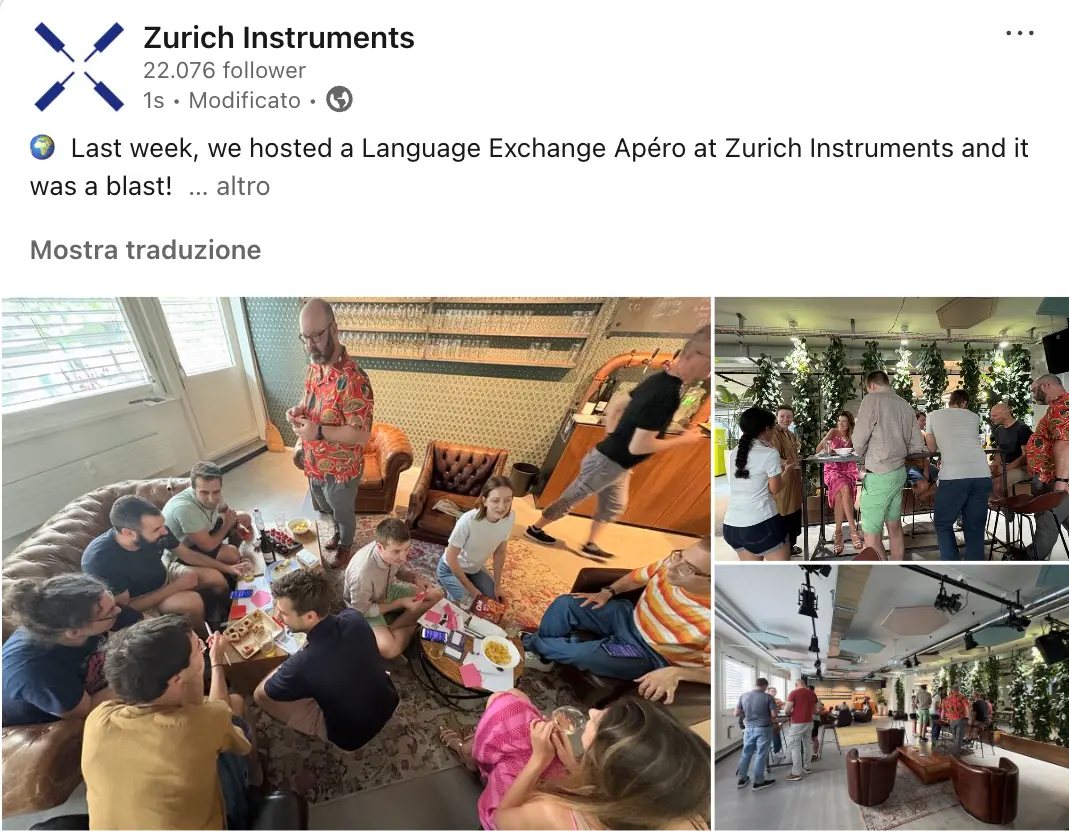 Employees of Zurich Instruments engaging in a Kekombo language exchange at their company and practicing any language